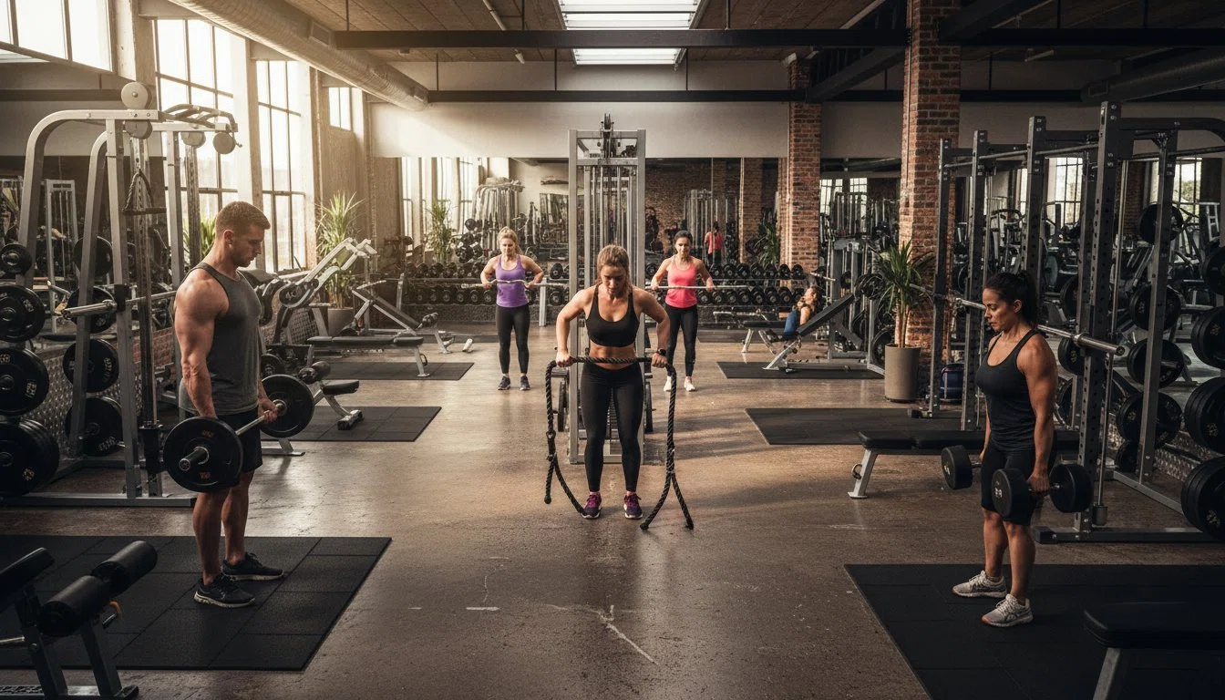 フリーウェイトエリアにはバーベルや様々な重量のダンベルが揃っています。