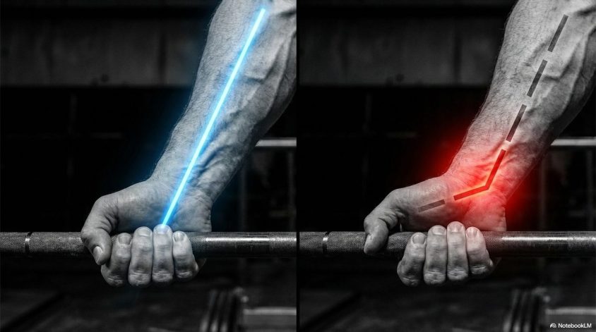 バーを握る際の手首の角度の正誤比較で、左の直線的なラインが正解、右の折れ曲がったラインが不正解。