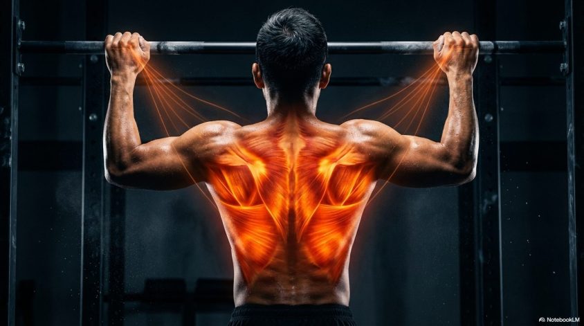 懸垂(プルアップ)において、オーバーグリップから背中の筋肉へ負荷が伝わる様子を示す図。