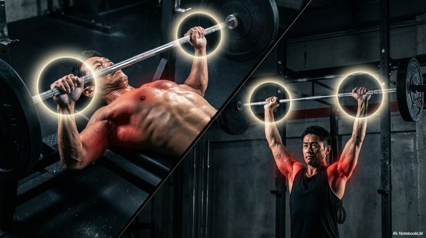 インクラインベンチプレスとオーバーヘッドプレスにおける、オーバーグリップの活用例。