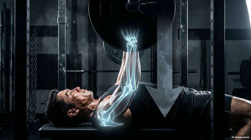 ベンチプレス中の腕の骨格構造と、重量が垂直にかかる負荷の方向を視覚化した図。