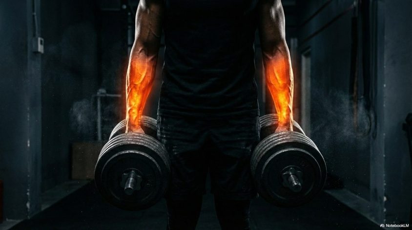 重いダンベルを保持することで前腕部に燃えるような強い刺激が入っている様子。