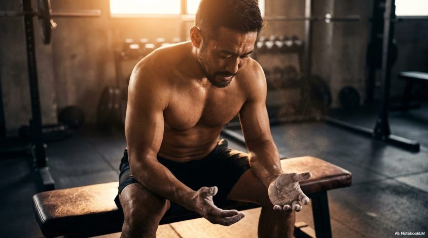 ハードなトレーニングを終え、チョークのついた自分の手を見つめながら休息する男性。