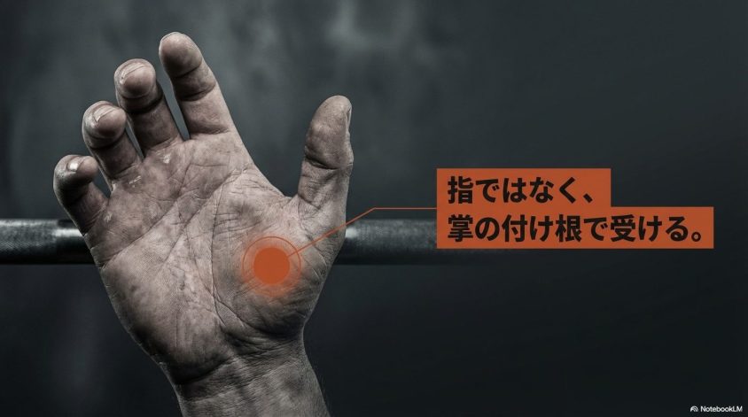 バーベルを指先ではなく掌の付け根で支える適切な位置の解説。