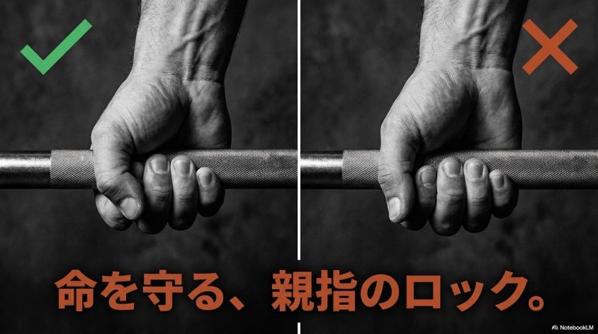 安全性を高めるための親指のロック(サムアラウンドグリップ)の推奨。