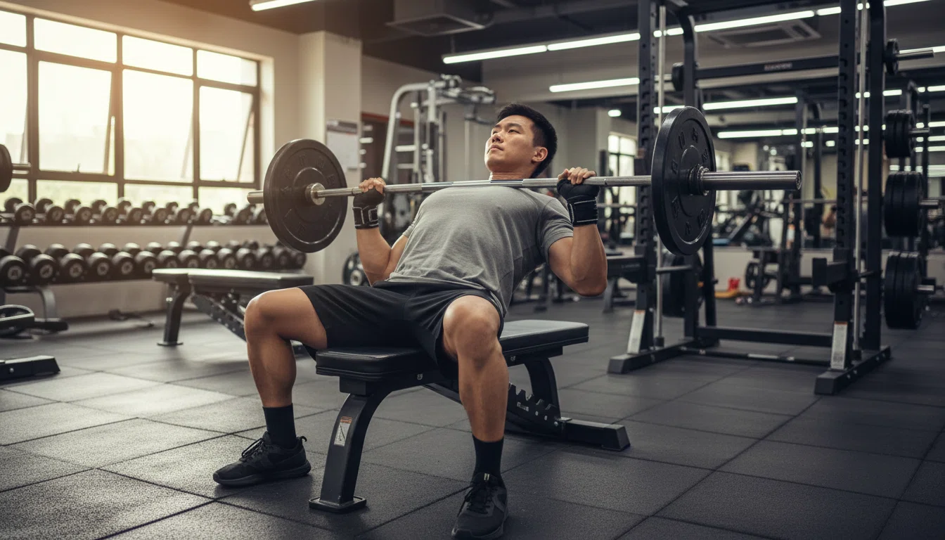 リストラップを装着してベンチプレスを行うトレーニング風景